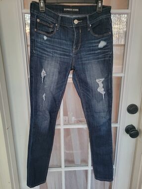 Express Jeans Dark Wash Distressed Skinny Jeans Leggings Mid Rise Size 6 Long
